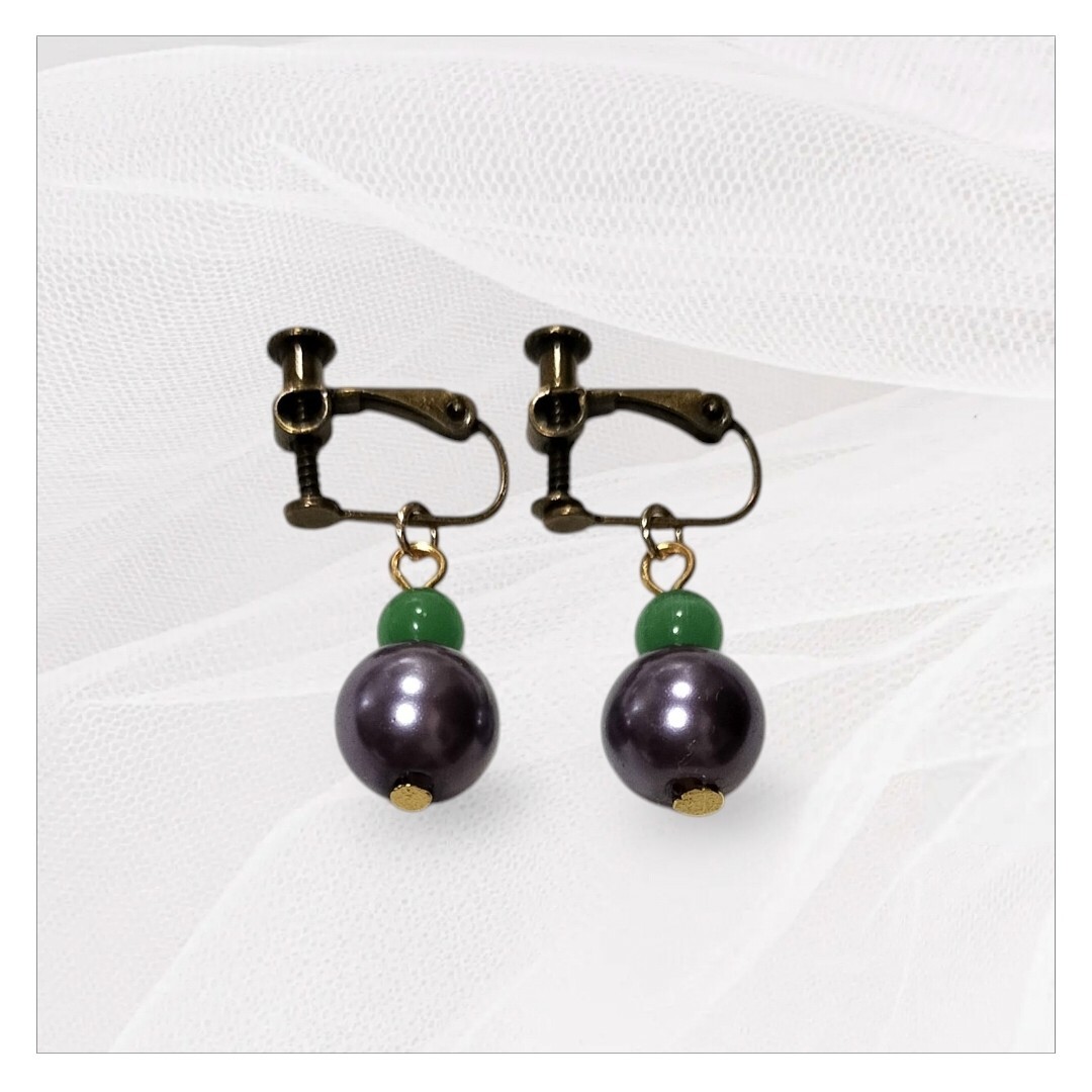 パープルパールとグリーンキャッツアイビーズのイヤリング ハンドメイド拍卖