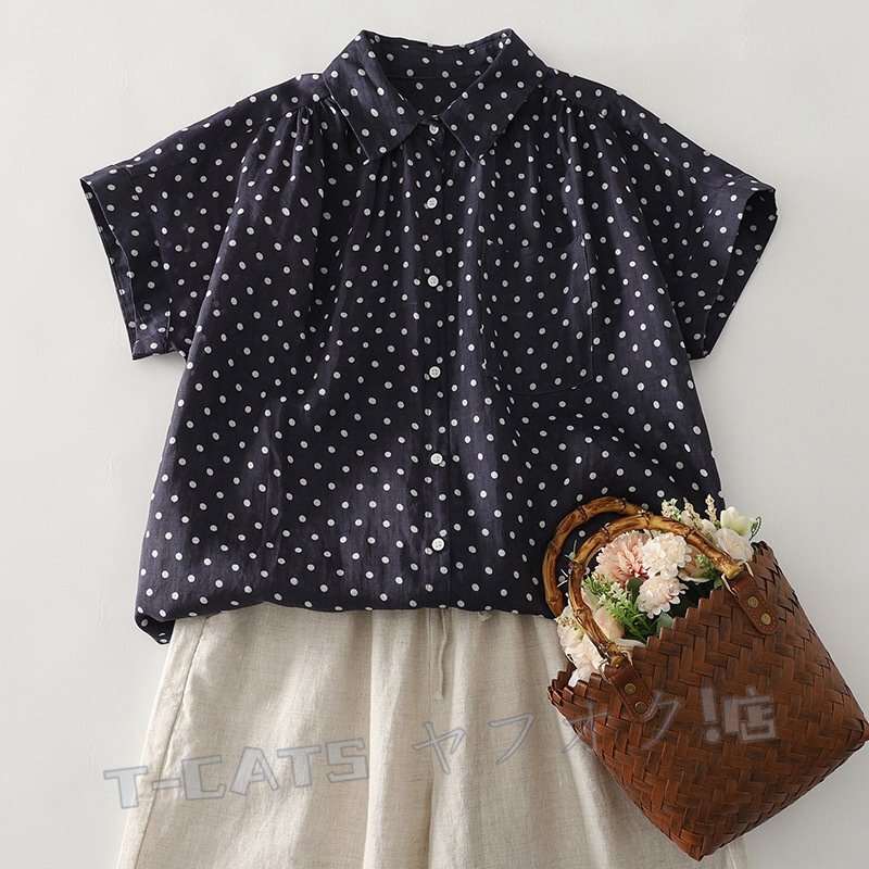 ☆新品 カジュアル きれいめ 綿麻 ブラウス シャツ レディース 夏 ドット柄 チュニック 大きいサイズ 体型カバー~ネイビー拍卖