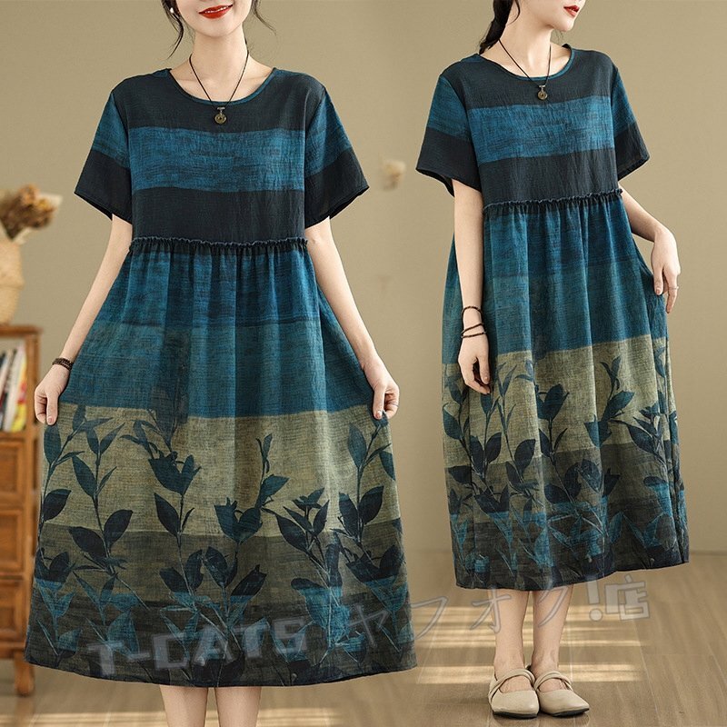 ☆新品 ボタニカル シルエットリーフ ハイウエスト切替え スタイルカバー◎プルオーバー ワンピース拍卖