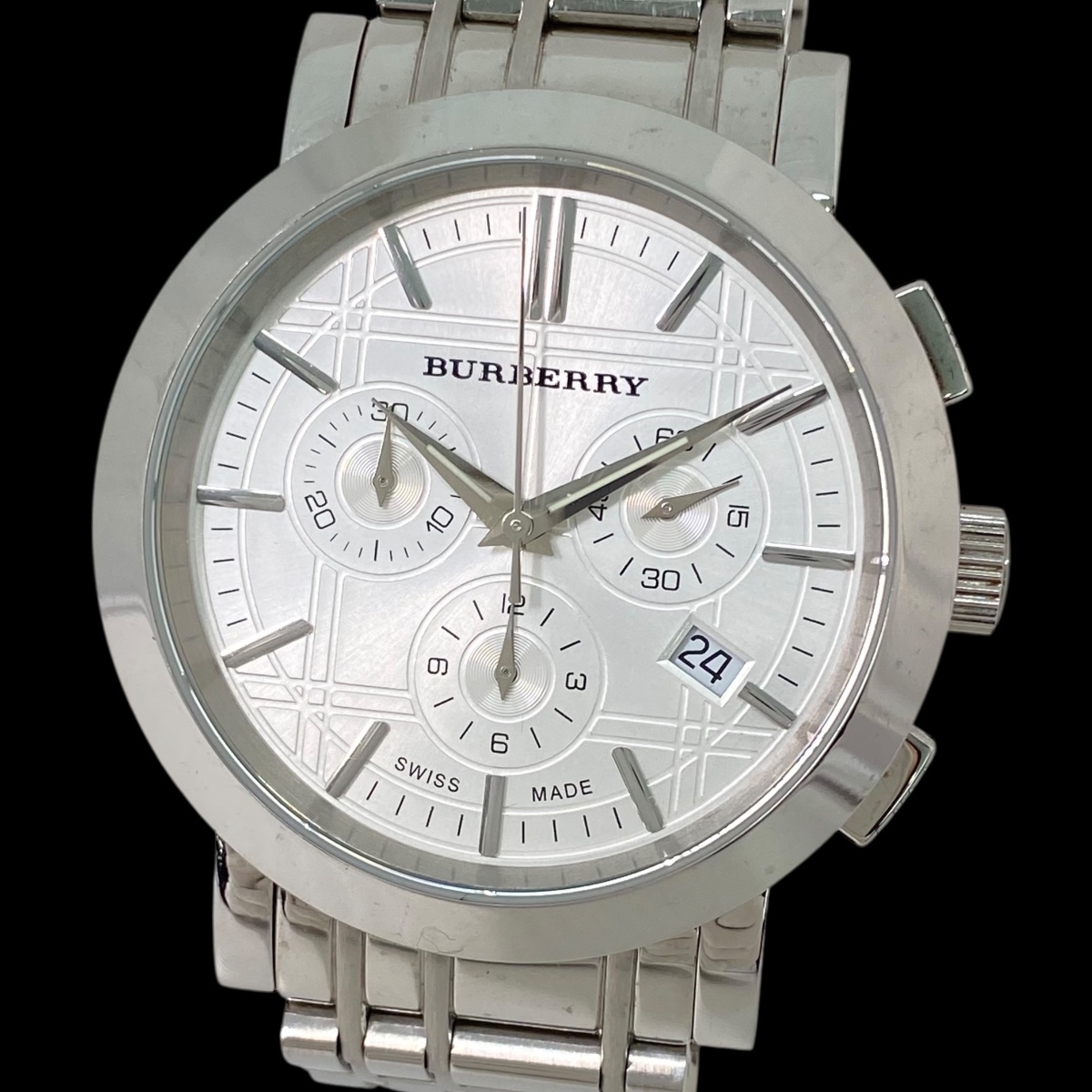 2510T033 BURBERRY バーバリー BU1372 クロノグラフ メンズ腕時計 現状品 クォーツ デイト ラウンド シルバー文字盤拍卖