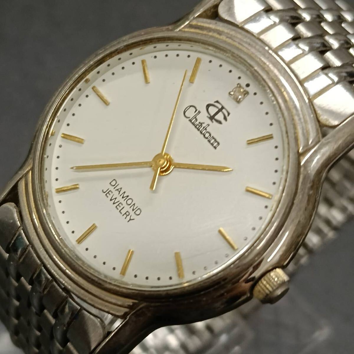 T170【レア】 Chaton チャトン ダイヤモンドジュエリー 腕時計 クウォーツ 3針 白文字盤 アナログ ヴィンテージ シルバー色 Y2K 80s拍卖
