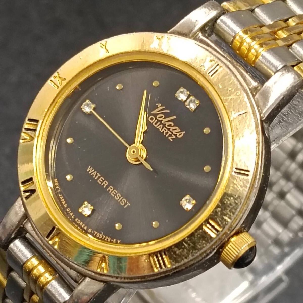 T54【レア】 volcas フォルカス 腕時計 クウォーツ 3針 黒文字盤 ラインストーン アナログ ヴィンテージ アクセサリー ゴールド色 Y2K 80s拍卖