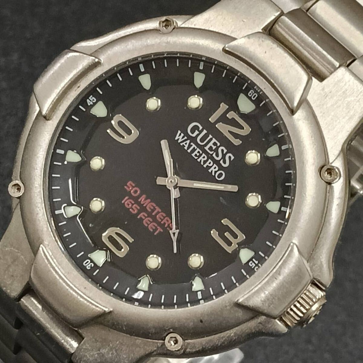 T162【レア】 GUESS ゲス 腕時計 クウォーツ 3針 黒文字盤 waterpro アナログ ヴィンテージ アクセサリー シルバー色 Y2K 80s拍卖