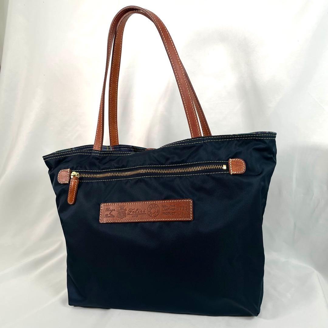 美品 Felisi フェリージ トートバッグ ハンドバッグ リバーシブル ナイロン レザー 本革 ネイビー 肩掛け拍卖