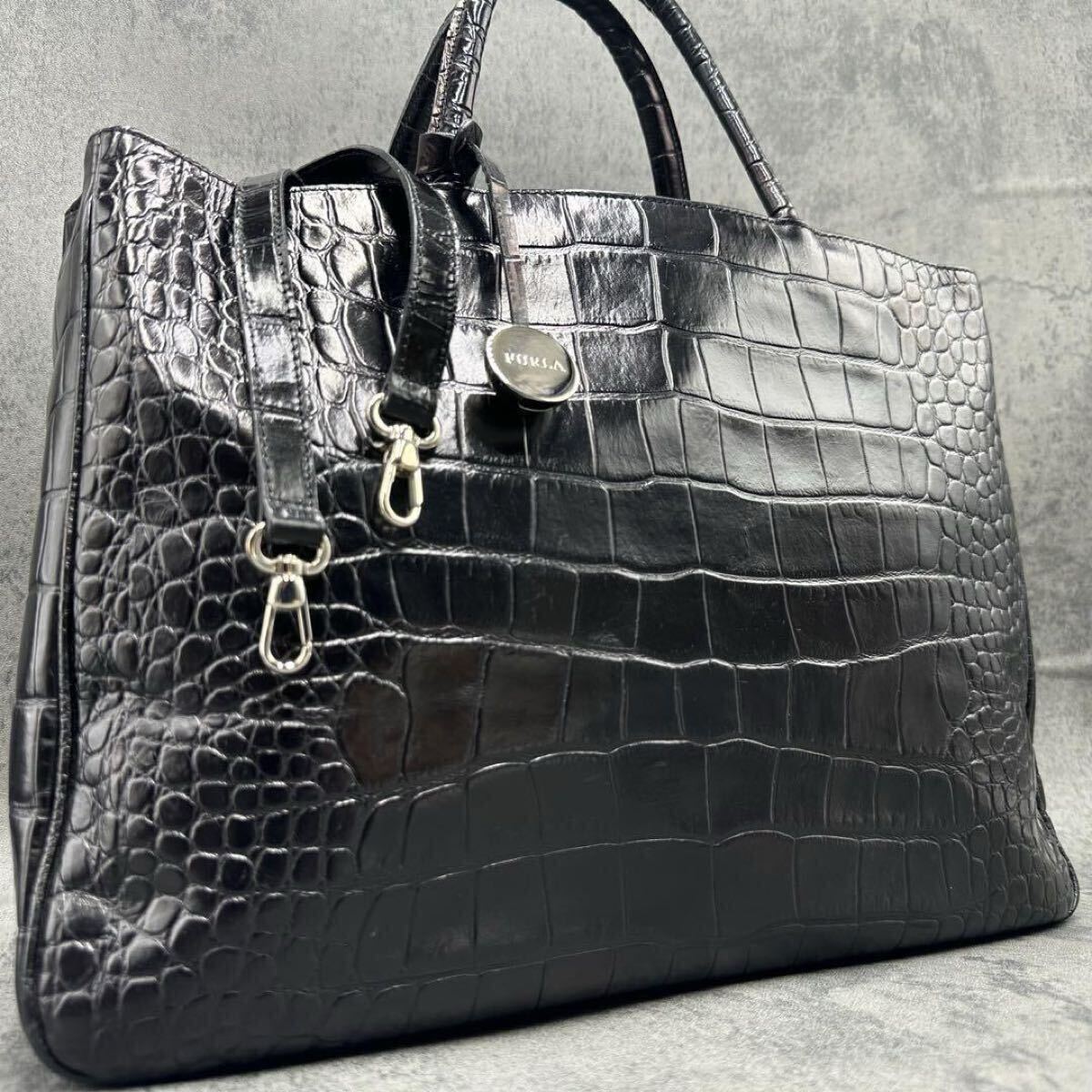美品 A4可 2way フルラ FURLA メンズ トートバッグ クロコダイル 斜め掛け ショルダー ハンド ビジネスバッグ オールレザー 黒 ブラック拍卖