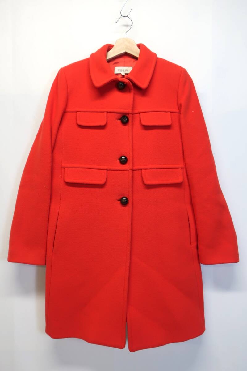 【送900円】1648 PAUL&JOE ポールアンドジョー フランス製 ウールコート ミディ丈 アウター レッド/朱色 カバー付き 38拍卖