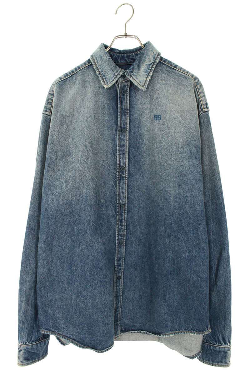 バレンシアガ サイズ:XS 22SS 678363 TBP48 ダメージ加工BBロゴ刺繍オーバーサイズデニム長袖シャツ 中古 OM10拍卖