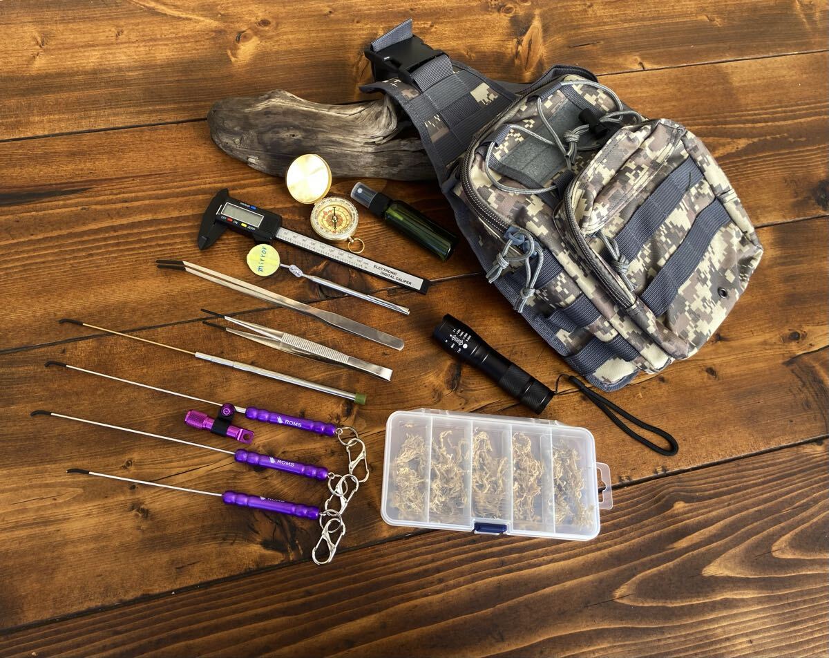 クワガタ採集セット メタリックパープル オリジナル掻き出し棒 デジタルノギス 採集ケース 昆虫採集道具 コンパス 虫除けスプレー拍卖