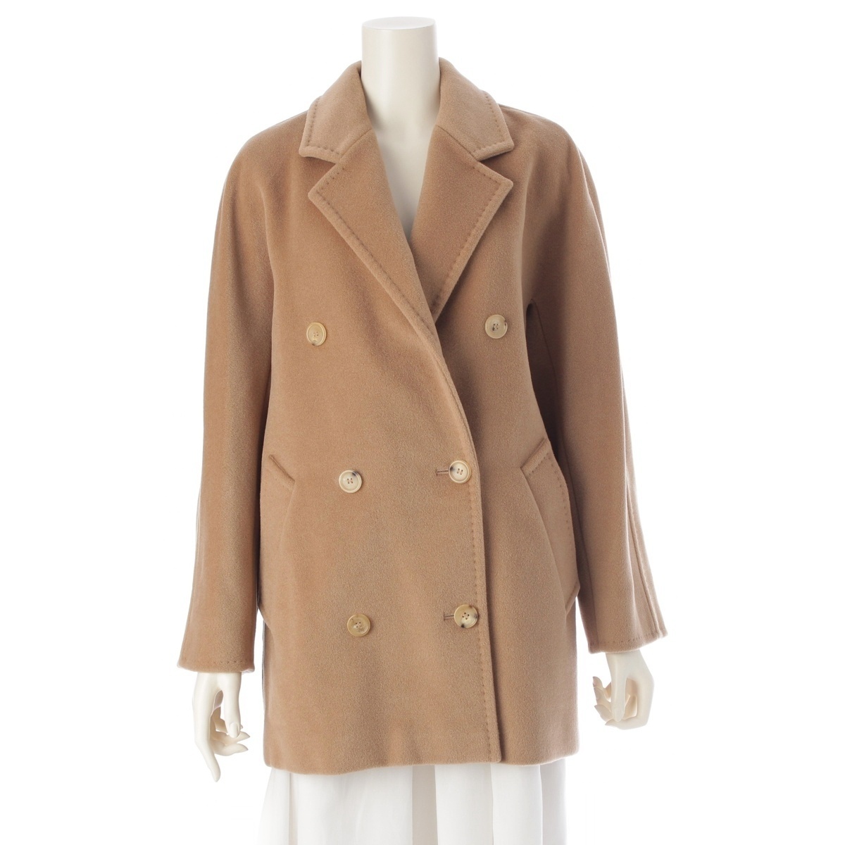 マックスマーラ 23年 REBUS ウール×カシミヤ ダブルブレスト ショート コート ベージュ 36【中古】拍卖