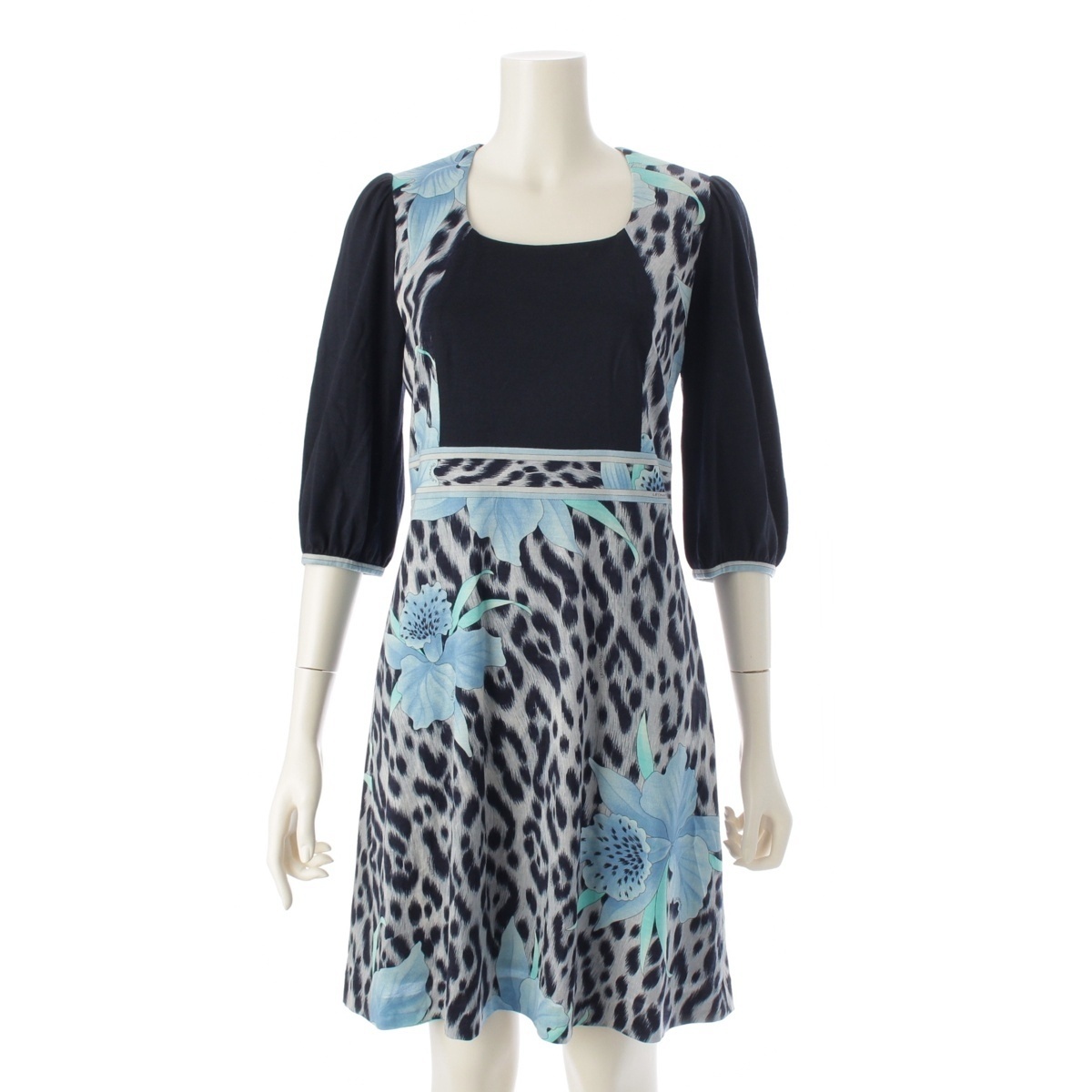 レオナール ウール フラワー 花柄 レオパード バックジップ ワンピース 0340906 ブルー ネイビー 38【中古】拍卖