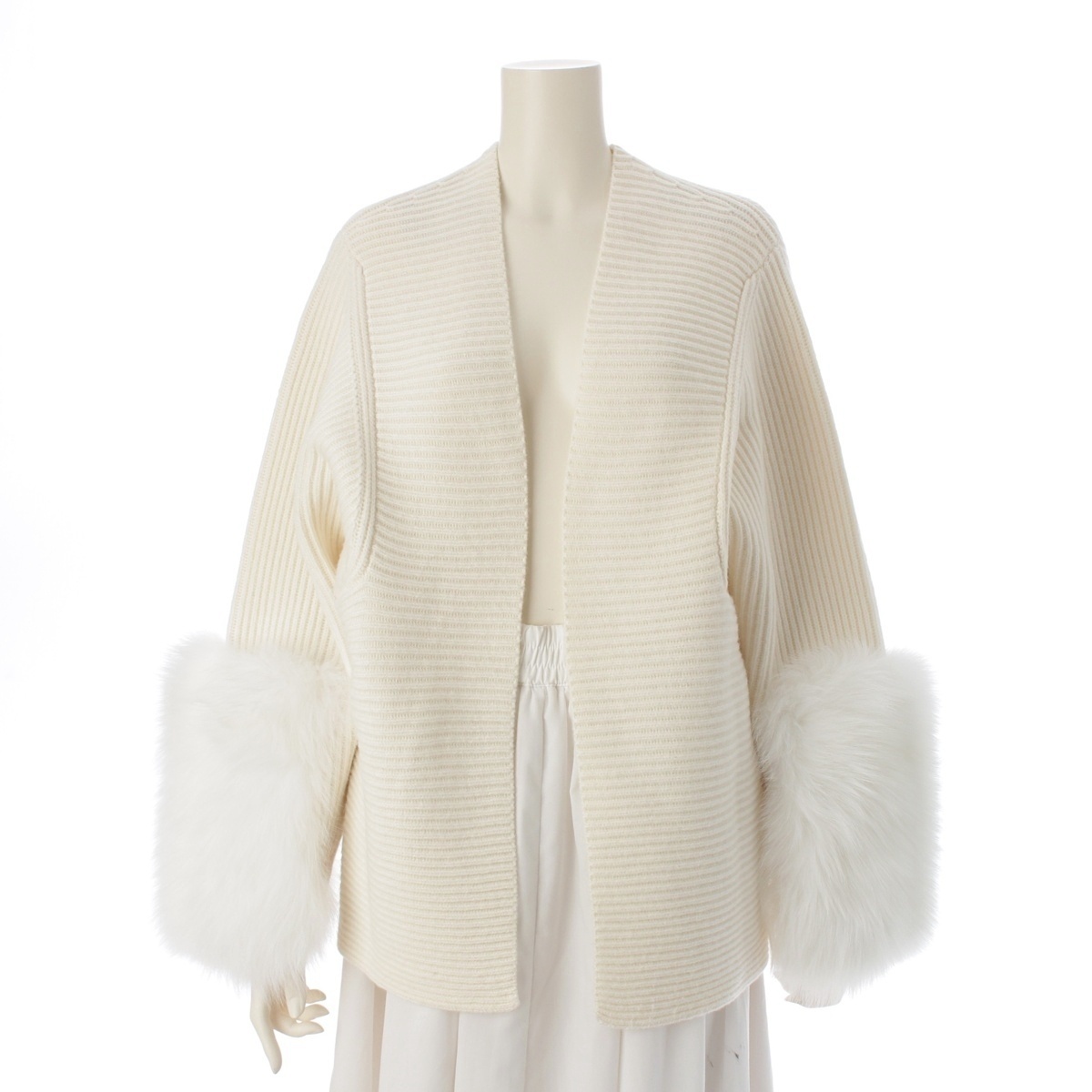 ドゥロワー フォックスファー ウール カシミヤ 7G畔編み カーディガン 6515-199-0536 ホワイト【中古】拍卖