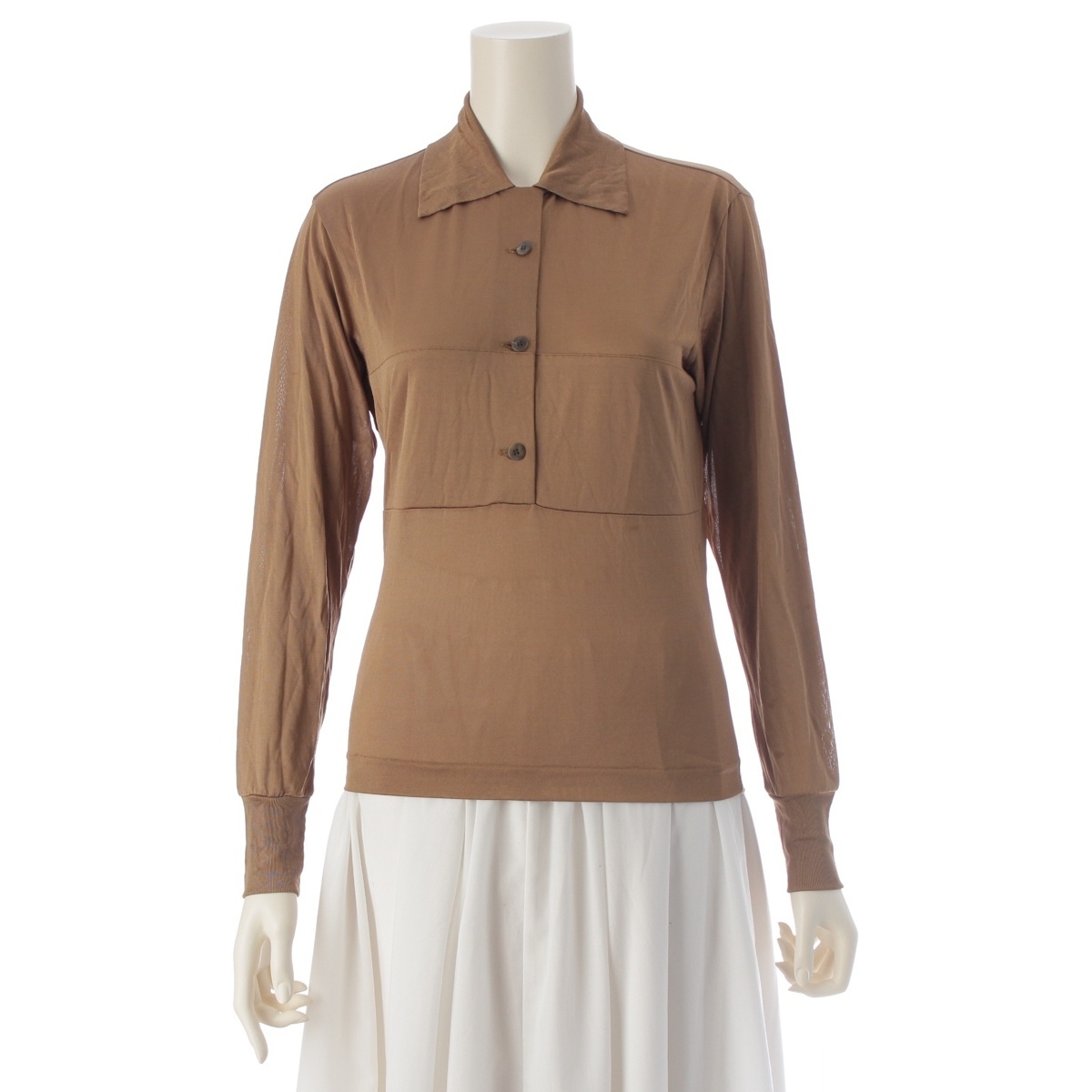 イッセイミヤケ 80s レーヨン ポリエステル 筆タグ スキッパー 長袖 ポロシャツ JY13458 ブラウン ゴールド系 M【中古】拍卖