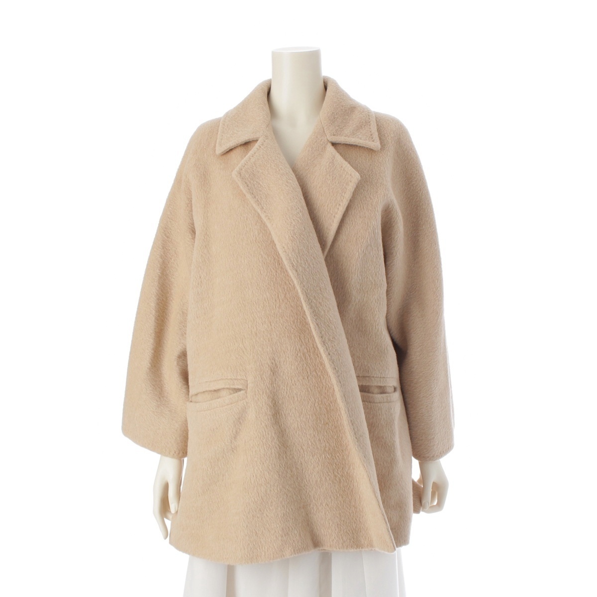 マックスマーラ モヘア アルパカ ウール 前開き ミドル丈 コート ベージュ アイボリー系 38【中古】拍卖