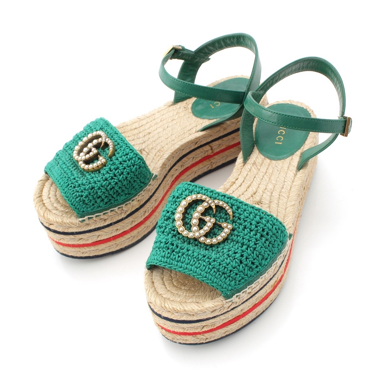 グッチ レザー GGマーモント パール ウェッジソール サンダル グリーン 35 1/2【中古】拍卖