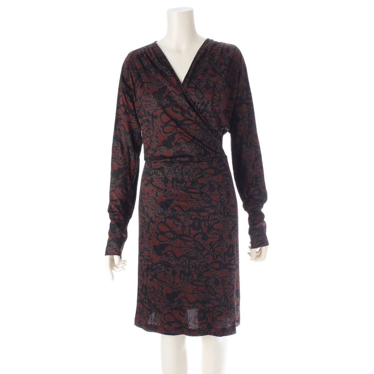 コスチュームナショナル アセテート×ナイロン 総柄 ワンピース ブラック ブラウン系 42【中古】拍卖