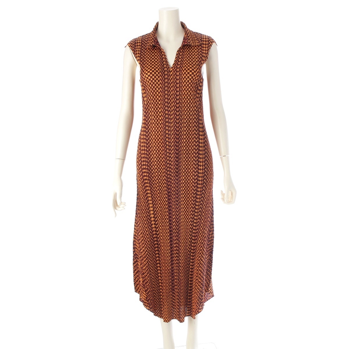 プリーツプリーズ イッセイミヤケ チェック柄 襟付き ノースリーブ ロング ワンピース PP43-JH665 オレンジ×ブラウン 5【中古】拍卖
