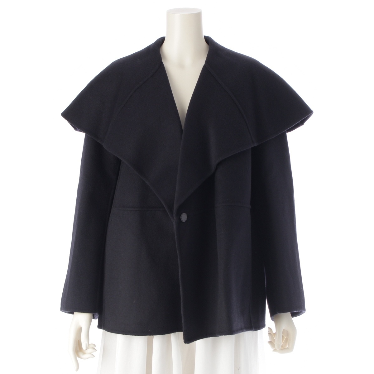 ドゥロワー ウール ケヌキ ビッグカラー ショート コート 6525-299-0860 ネイビー 36【中古】拍卖