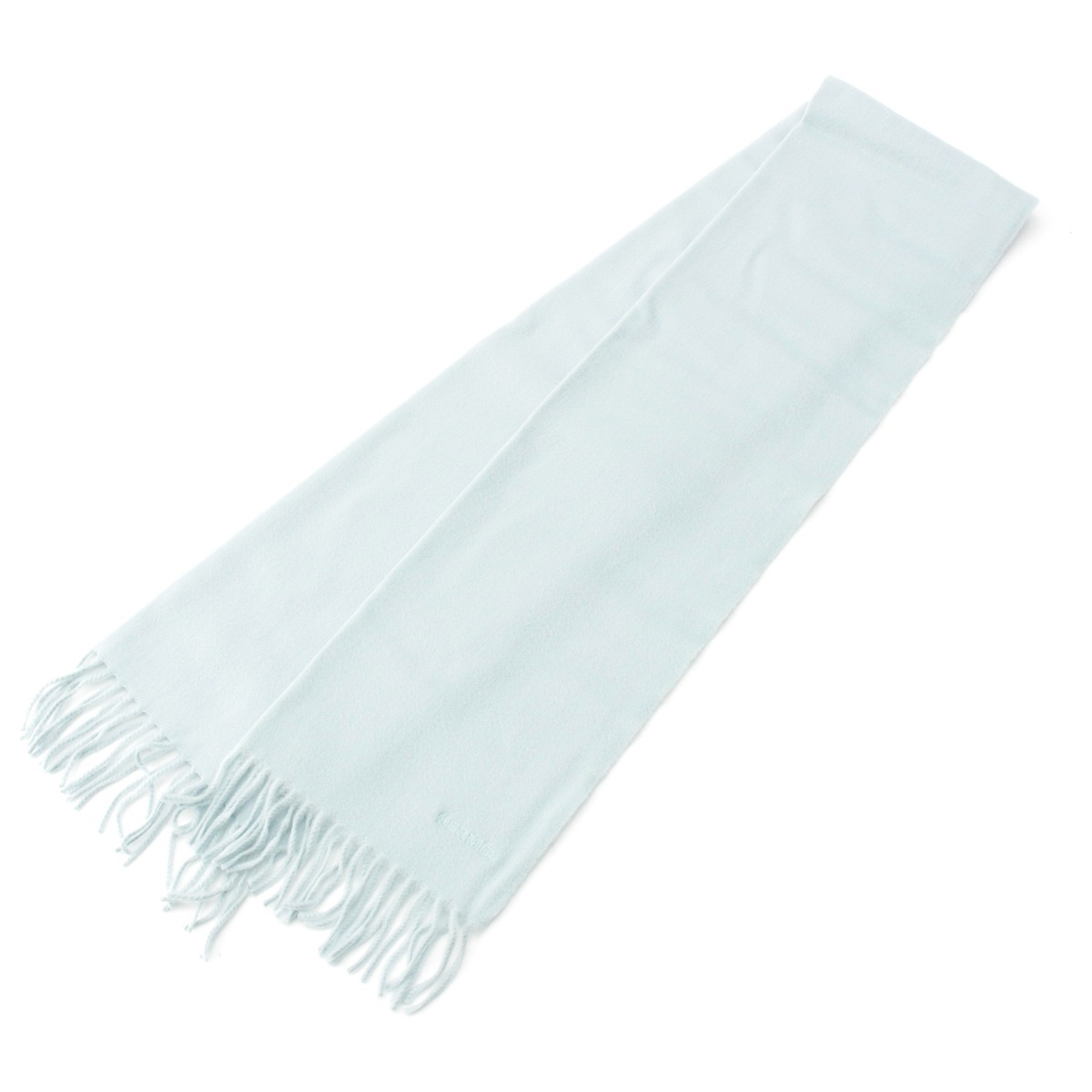 エルメス カシミヤ ロゴ刺繍 フリンジ マフラー ブルー【中古】拍卖