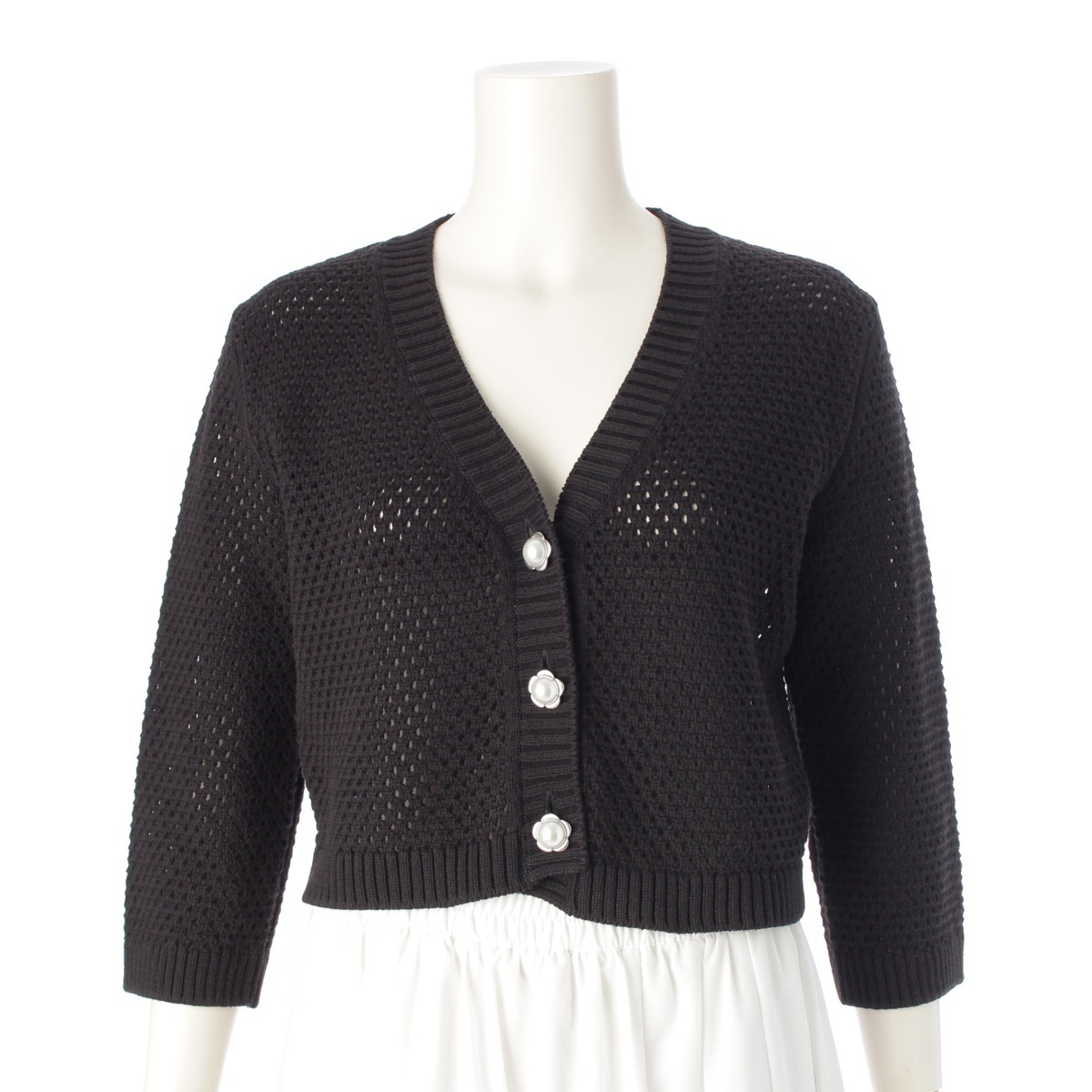 ルネ 24年 メッシュ コットン パール フラワー ボタン カーディガン 6422490 ブラック 34【中古】拍卖