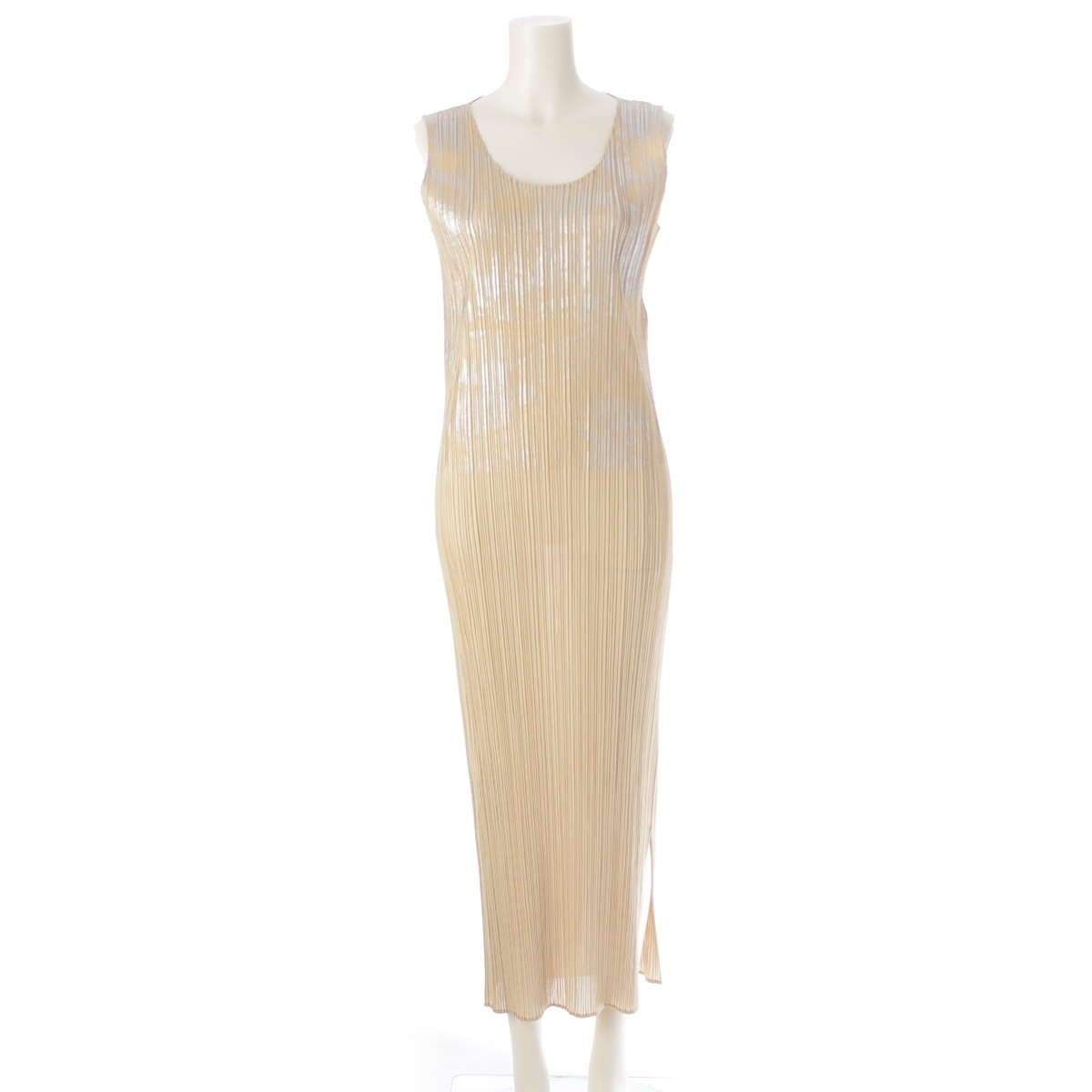 プリーツプリーズ イッセイミヤケ インク転写 ノースリーブ ロング ワンピース PP46-JH616 ベージュ 3【中古】拍卖