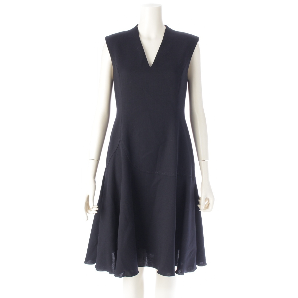フォクシー 17年 ウール Vネック ノースリーブ ワンピース 34163 ブラック ダークネイビー系 40【中古】拍卖