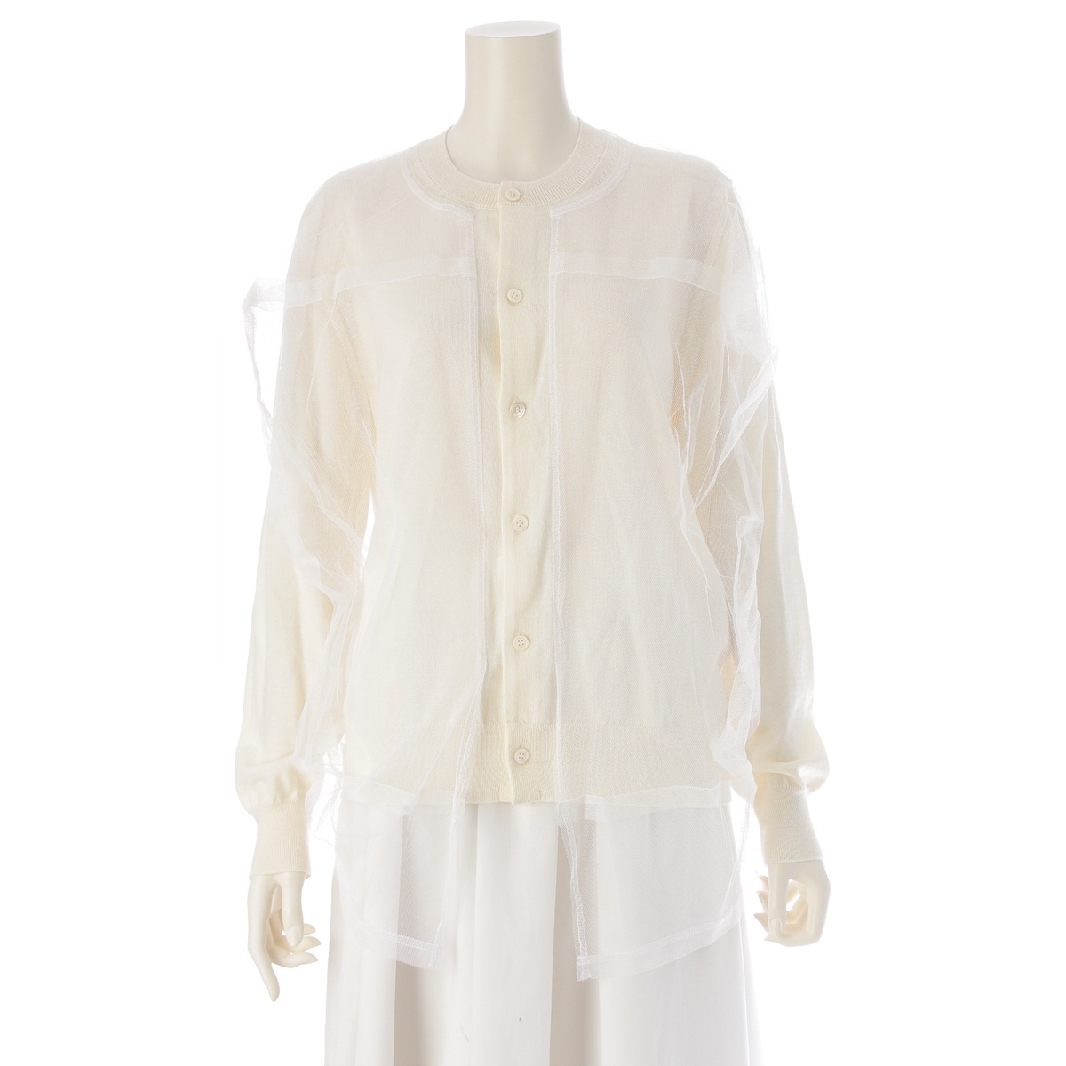 コムデギャルソン AD2024 ウール チュールレイヤード クルーネック カーディガン GO-B018 アイボリー M【中古】拍卖