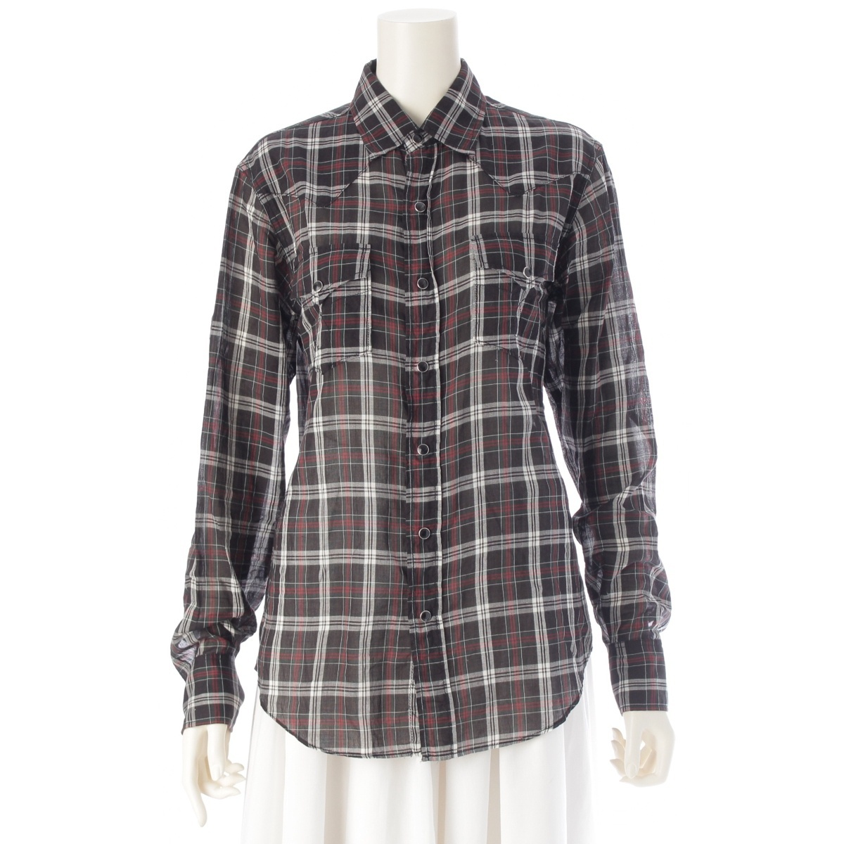 サンローラン 16年 コットン チェック ウエスタン 長袖シャツ ブラック XS【中古】拍卖