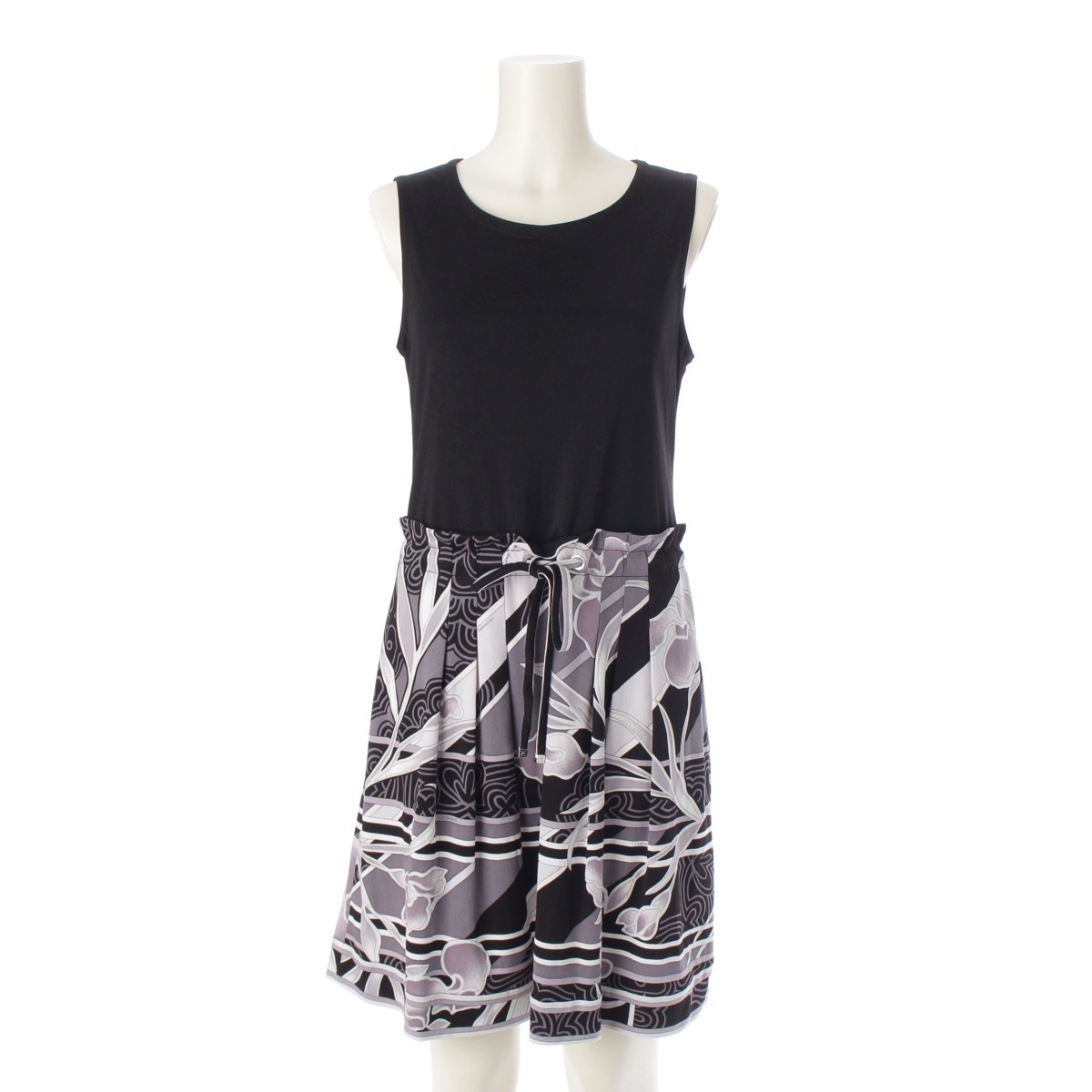 レオナール カンカン ノースリーブ フラワー 花柄 切替 ドローコード ワンピース 0170253 ブラック グレー 38【中古】拍卖