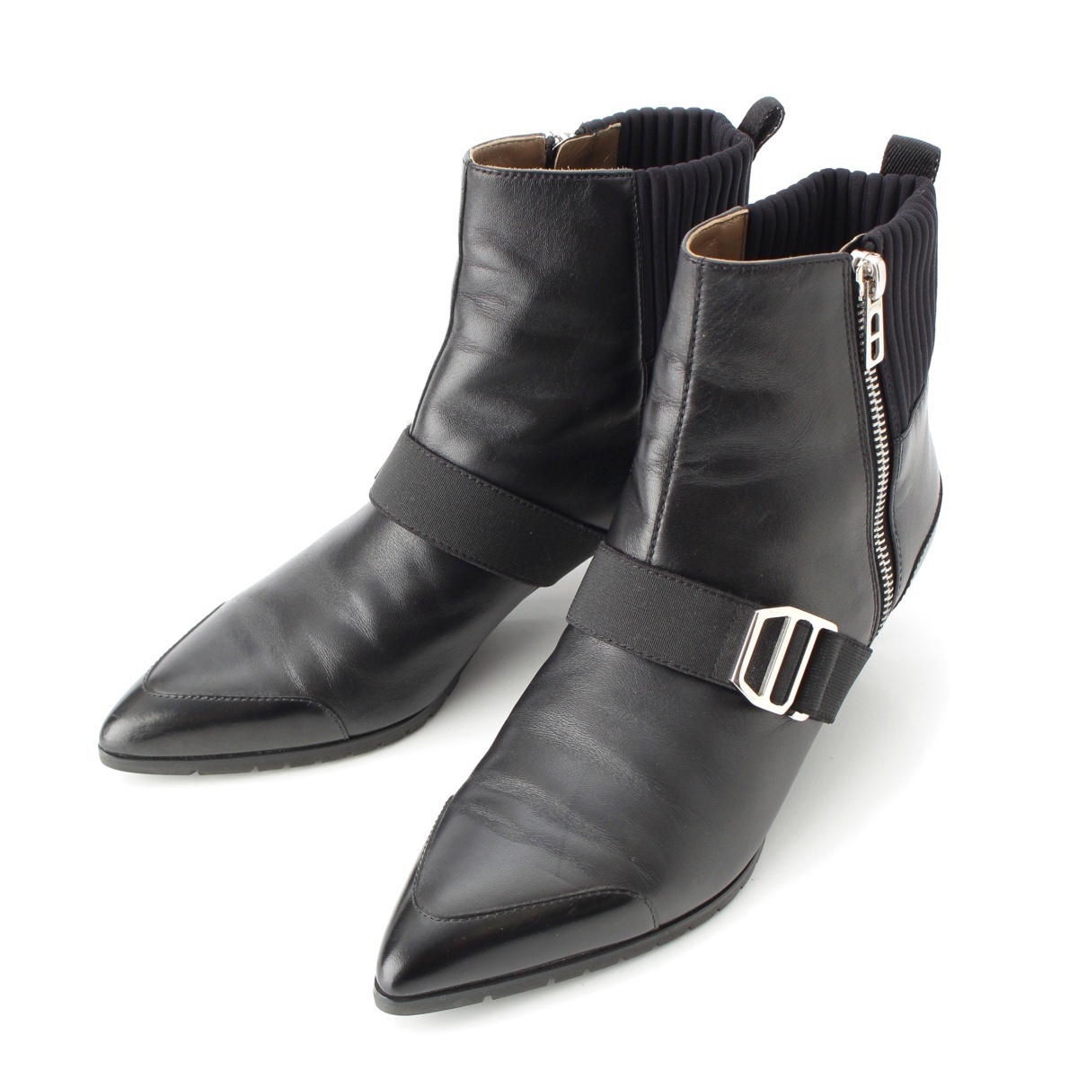 エルメス レザー ベルト付き ニット切替 ポインテッドトゥ サイドジップ ショート ブーツ M10516 ブラック 35 1/2【中古】拍卖