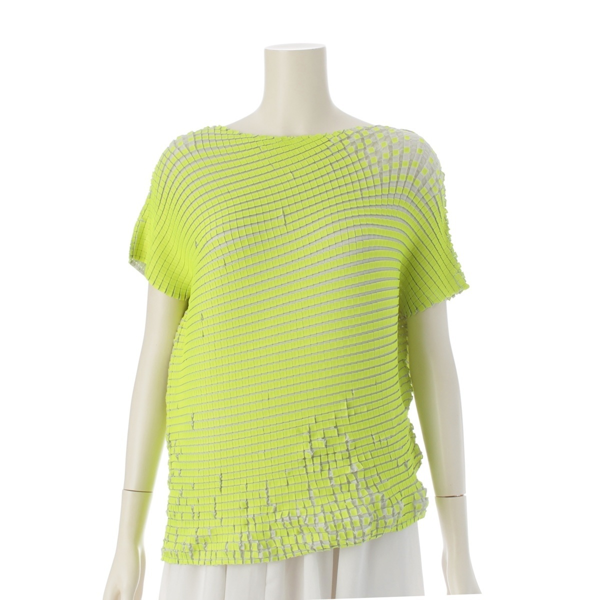 イッセイミヤケ スクエアプリーツ 3D アシンメトリー カットソー IM31FJ620 ライトグレー ネオンイエロー 2【中古】拍卖