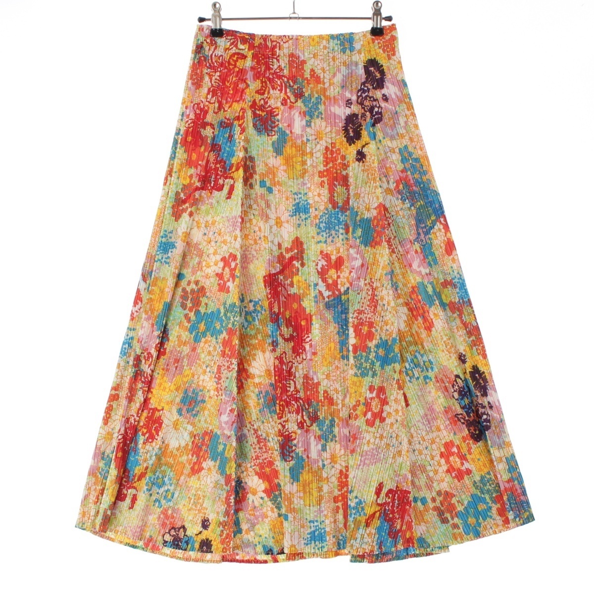イッセイミヤケ 鳥 花 フラワープリント フレア ロングスカート PP81-JG845 マルチカラー 4【中古】拍卖