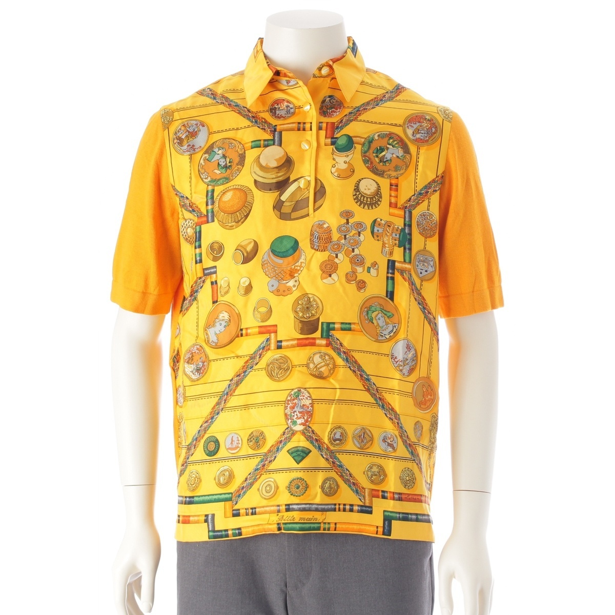 エルメス PETIT MAIN お針子さん ツインレーヌ シルク カシミヤ 半袖 ニット スカーフドッキング ポロシャツ イエロー S【中古】拍卖