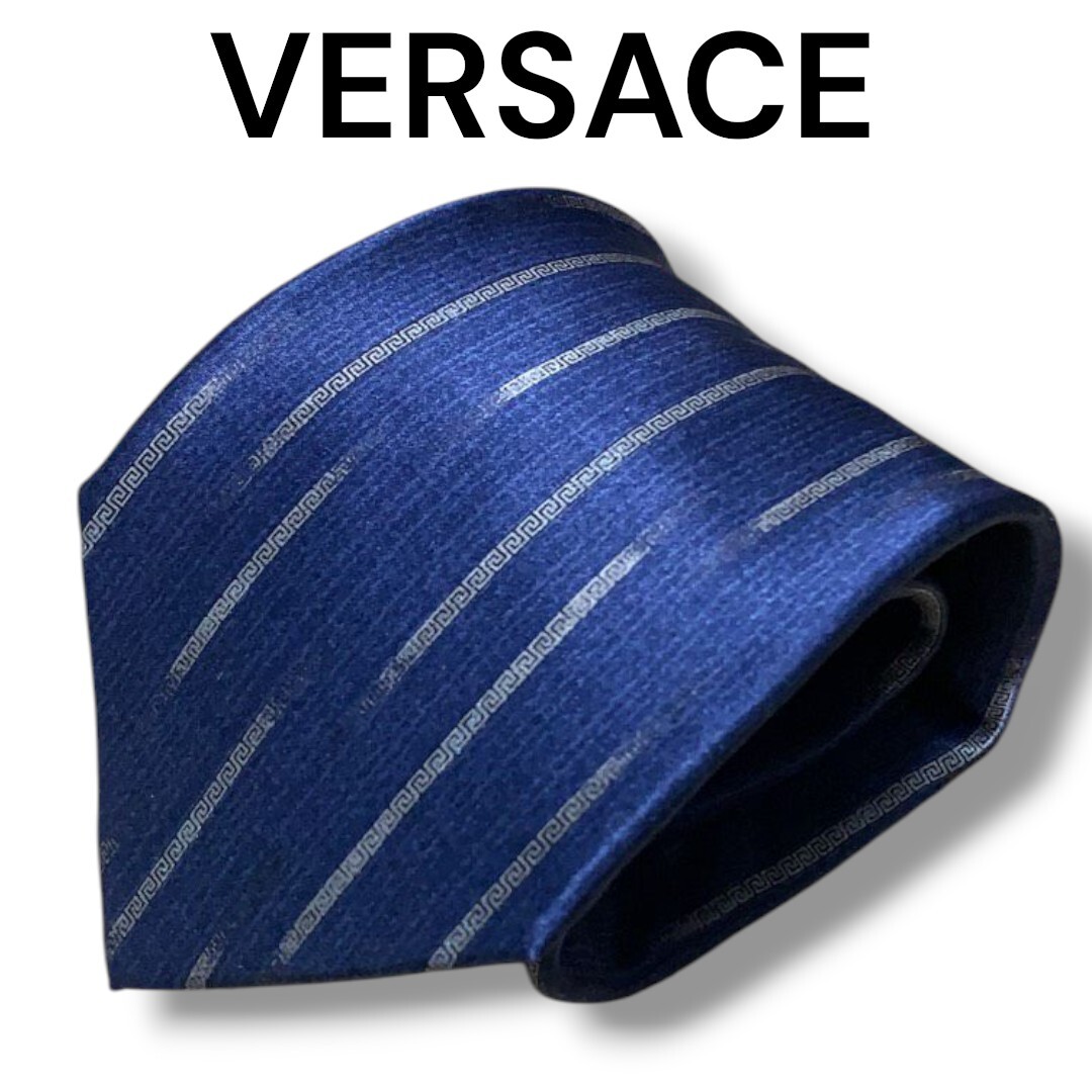 【美品】 VERSACE ヴェルサーチ ネクタイ ハイブランド イタリア製 ネイビー 総柄 メデューサ ビジネス スーツ拍卖