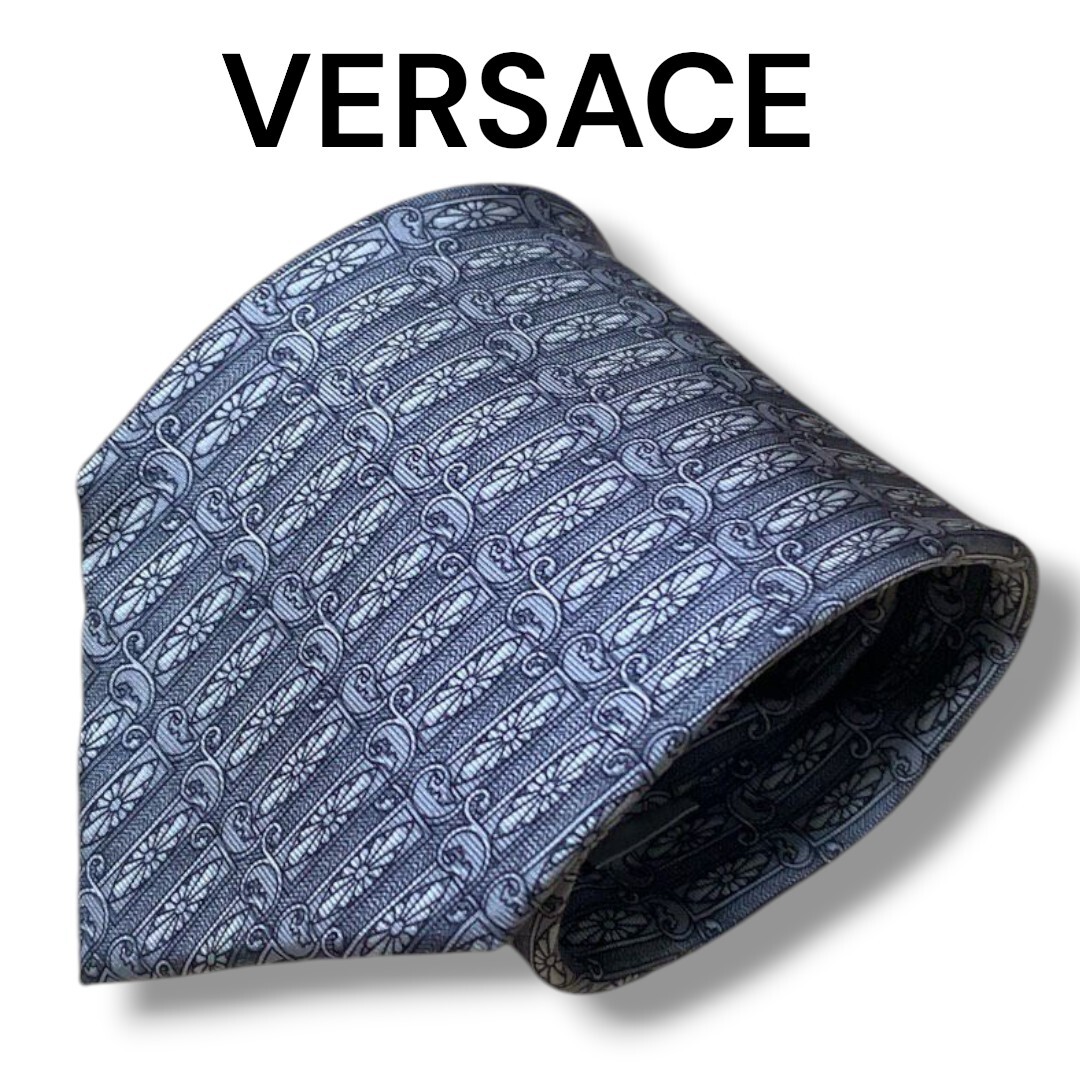 【1円スタート】 VERSACE ヴェルサーチ ネクタイ ハイブランド イタリア製 グレー 総柄 メデューサ ビジネス ブラック拍卖