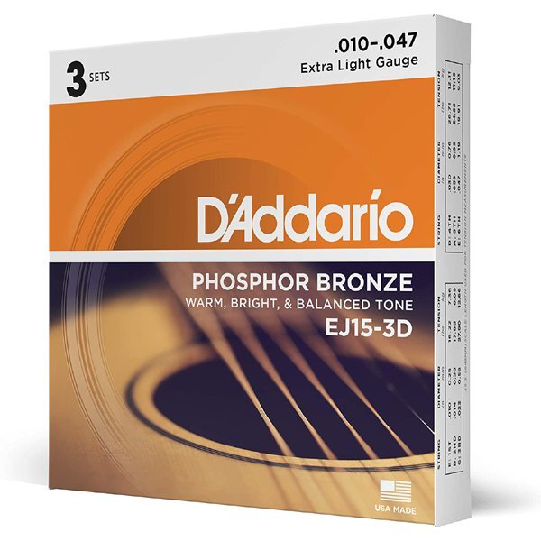 【アコースティックギター弦 3セット】 ダダリオ D'Addario EJ15-3D Extra Light 10-47 PHOSPHOR BRONZE 3セットパック お買い得 正規品拍卖