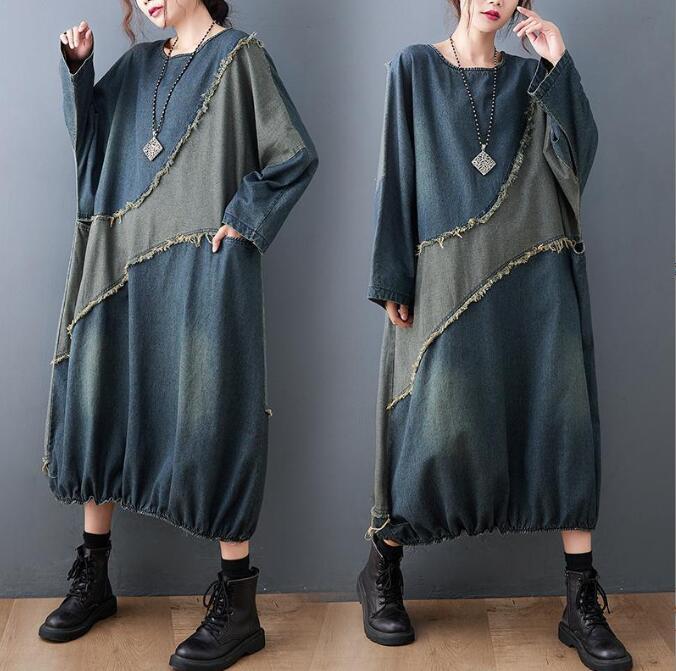 新作推薦ワンピース デニム生地 ジーンズ ゆったり 洋服ミックス アンティーク風 ロマンファッション ナチュラル フリーサイズ 裾広ゴム拍卖
