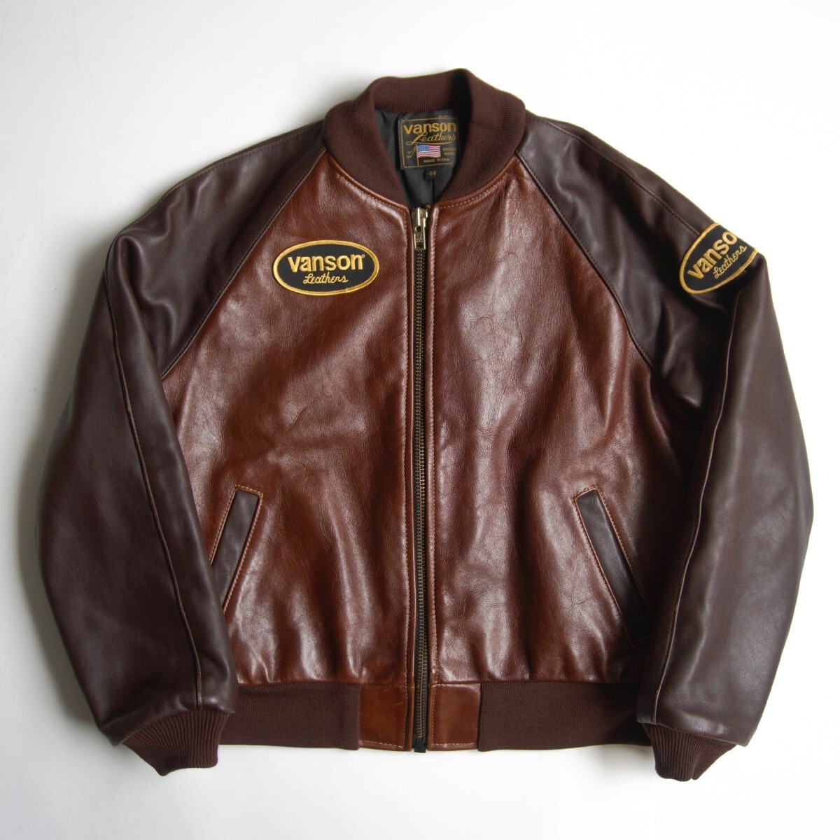 【美品/ビッグサイズ】 VANSON 【TJV オールレザー スタジャン】44 ブラウン ジャケット ワッペン USA製 バンソン 25100396拍卖