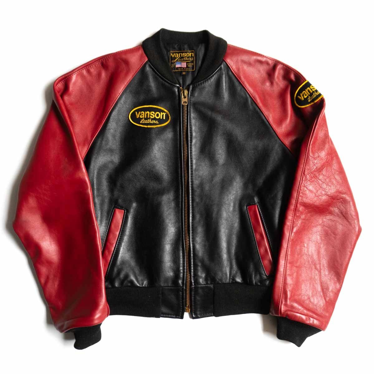 【美品】 VANSON 【TJV オールレザー スタジャン】38 レッド ブラック ジャケット ワッペン USA製 バンソン 25100513拍卖