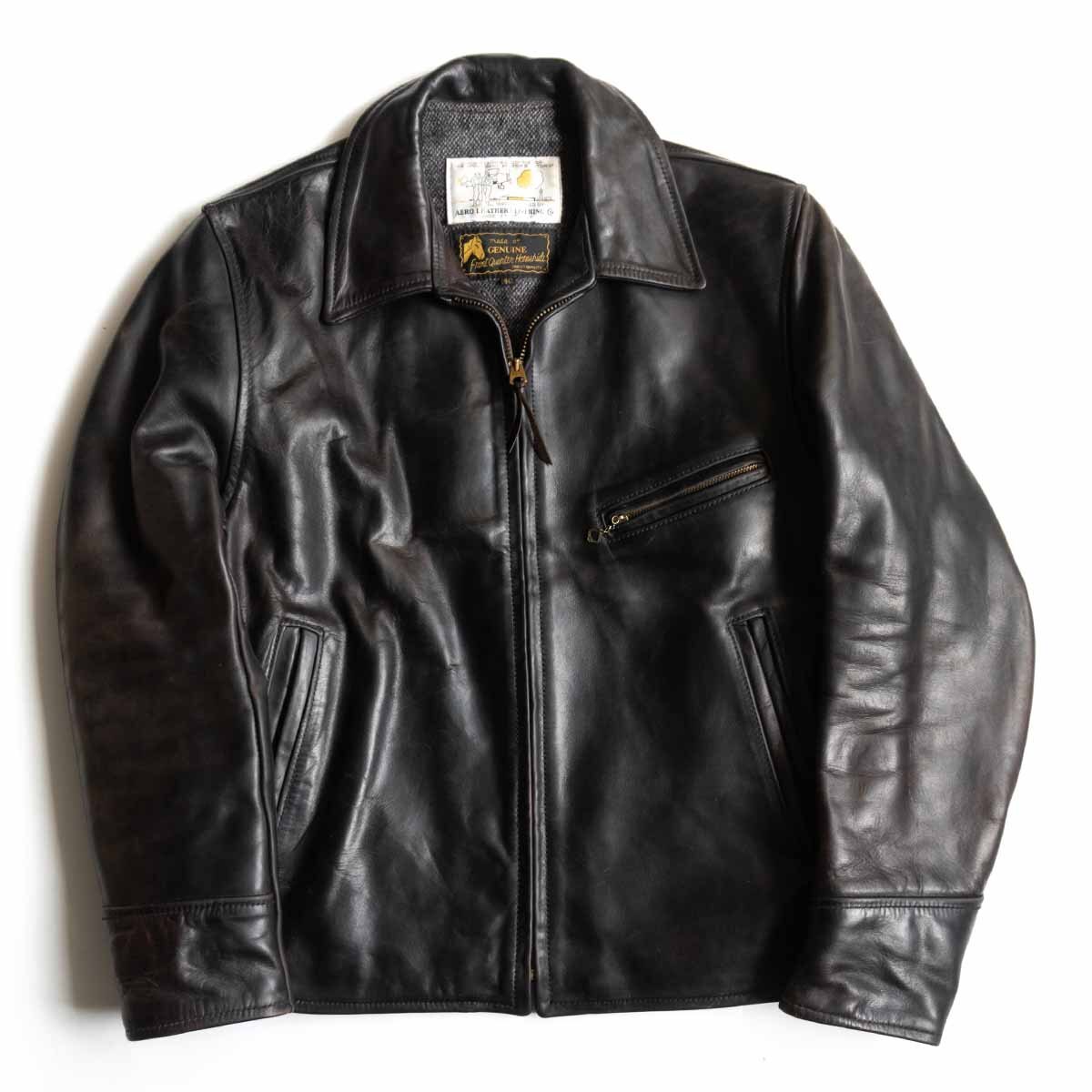 【雰囲気抜群】AERO LEATHER【ハーフベルト ホースハイド レザー ジャケット】40 ブラック エアロレザー 25101038拍卖