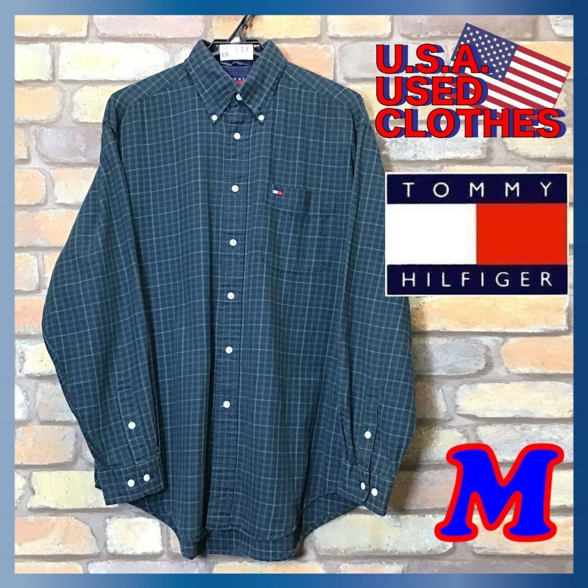 ME5-147★90’s 旧タグ★USA直輸入【TOMMY HILFIGER トミー・ヒルフィガー】刺繍ロゴ 長袖シャツ タータンチェック【メンズ M】緑×紺 古着拍卖