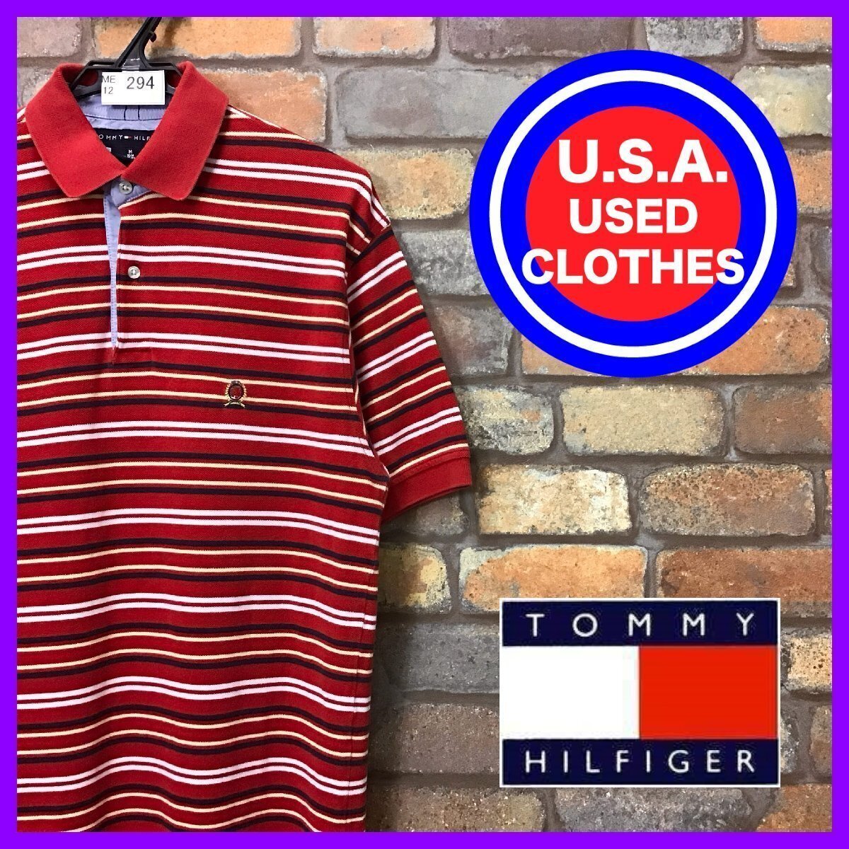 ME12-294★USA買付品★良品【TOMMY HILFIGER】刺繍ロゴ マルチボーダー 半袖 ポロシャツ【メンズ M】レッド アメカジ ゴルフ US古着 鹿の子拍卖