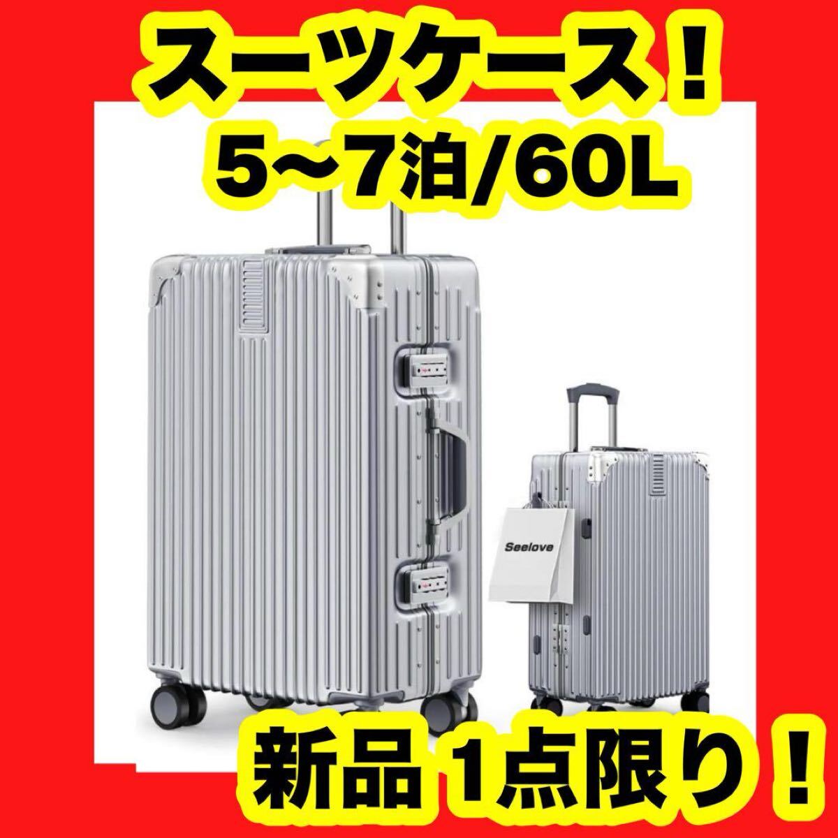 【新品】【大特価】5~7泊/60L スーツケース キャリーケース 機内持ち込み 耐衝撃 大容量 シルバー アルミフレームタイプ拍卖