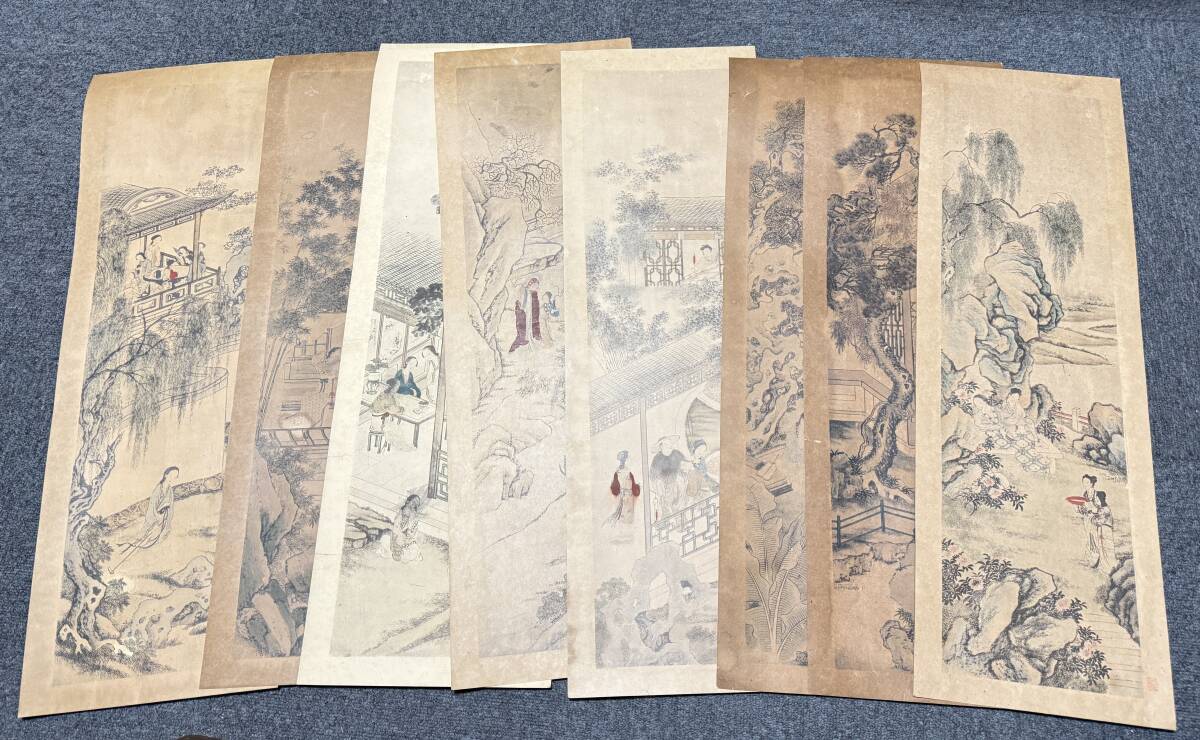 民国 書局 木版水印 紅楼夢 石頭記 金陵十二美人図 中国書画 観賞 まくり 落款あり 本紙サイズ約17x60cm 8枚 水墨画拍卖