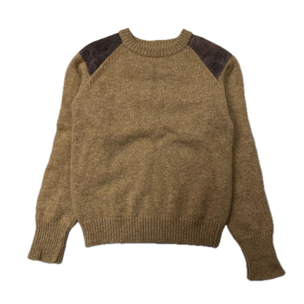 BEAMS ビームス 長袖ニットセーター トップス エルボーパッチ ウール100% スウェード パッチワーク モヘアライク 起毛 メンズ Lサイズ拍卖