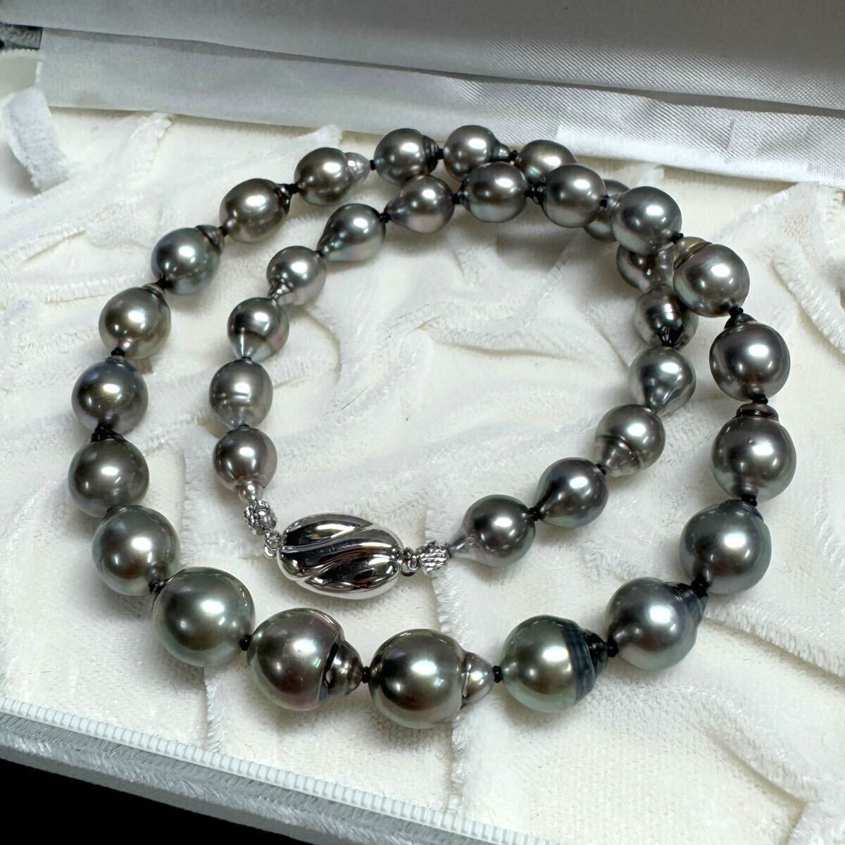 テリ最強 黒蝶真珠 クロチョウ タヒチ パール ネックレス 約8.1-10.5mm グレー系 SV金具 美品 pearl necklace jewelry【c2651】拍卖