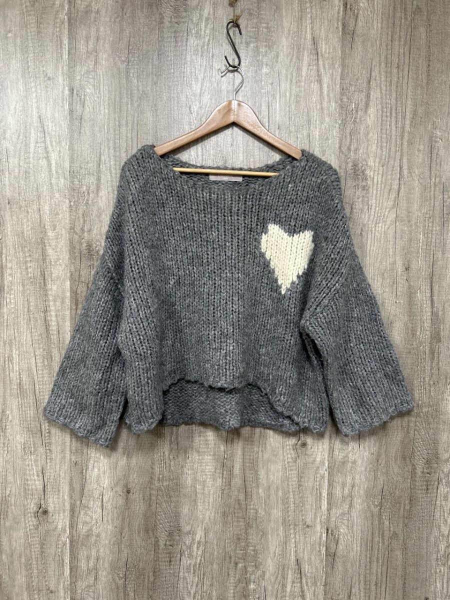 COCODEAL Luxe ココディール ワンポイント ハート柄 インターシャハンド ワイド幅 ニット セーター size2/グレー ◆■◎ レディース拍卖