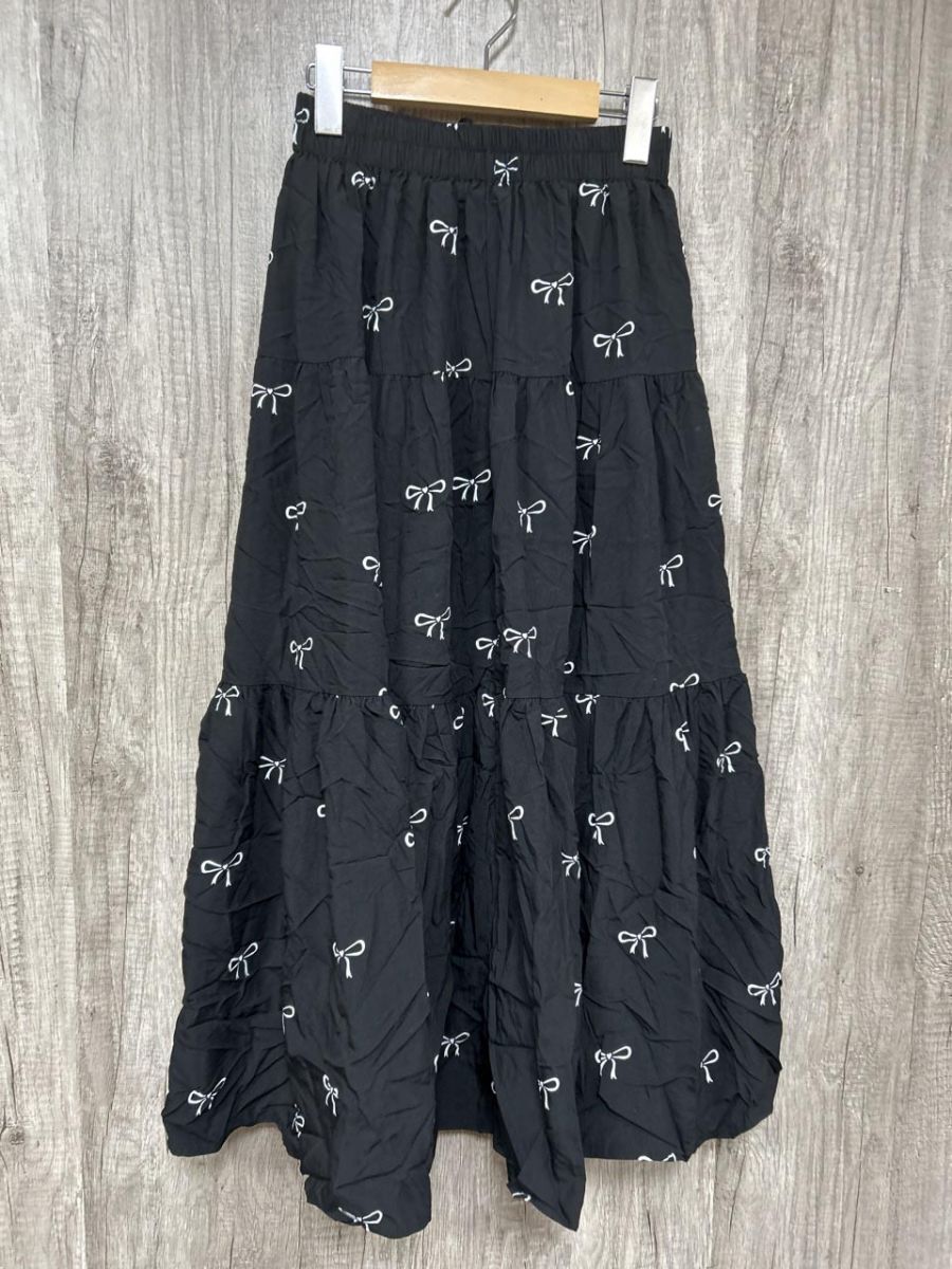 ネコポスOK nuage ティアード リボン柄 ロング スカート sizeF/黒 ■■ レディース拍卖