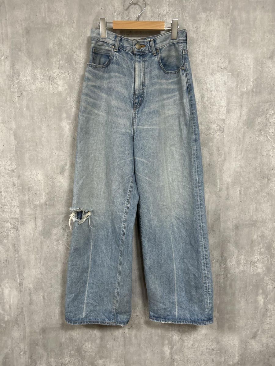 BLACK BY MOUSSY ブラックバイマウジー loose straight crash denim ワイド デニムパンツ size24/水色 ■■◎ レディース拍卖