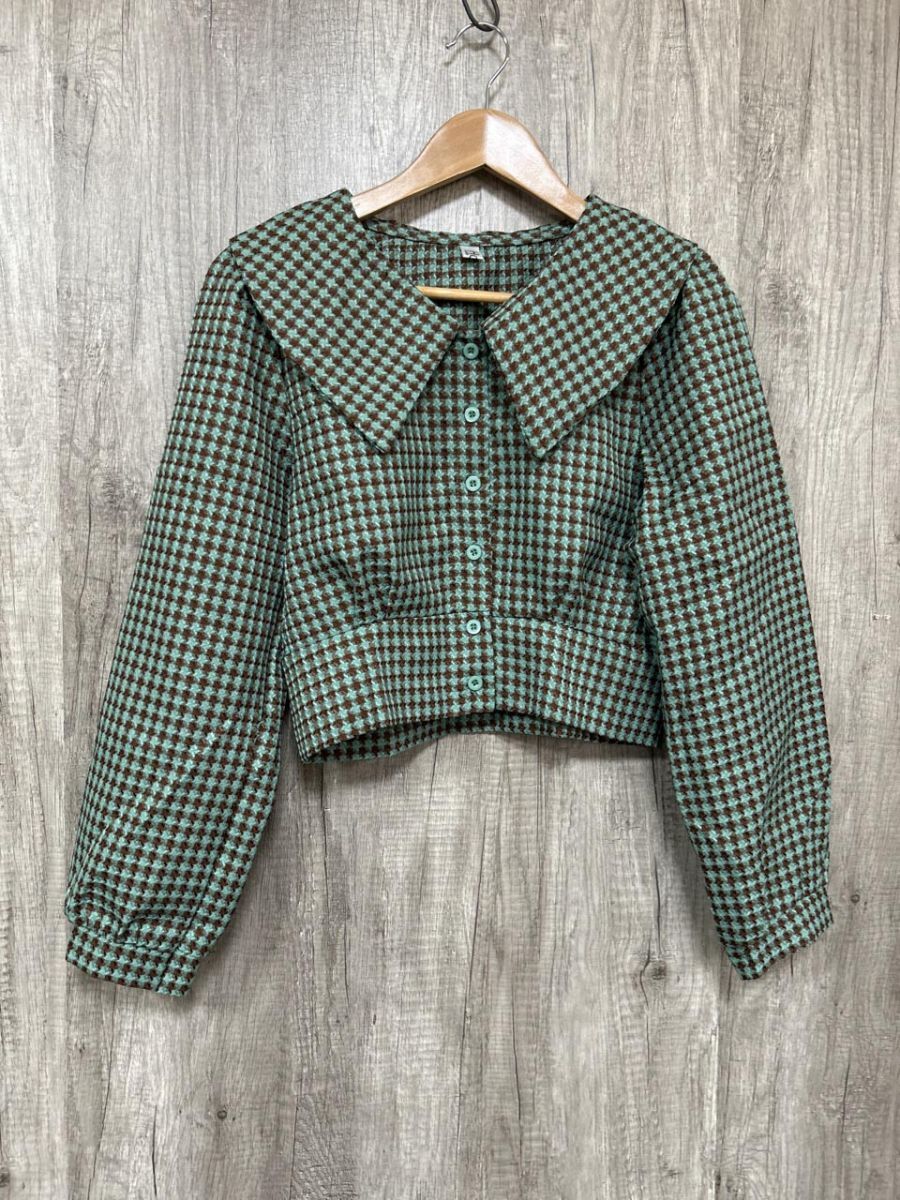 HOLY STUDIO bigカラー チェック ブラウス シャツ sizeF/緑 ◆■ レディース拍卖