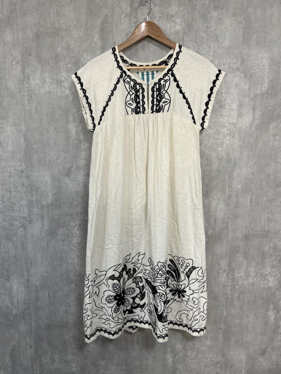 ネコポスOK Manic Manday リネン混 クロスステッチ Iライン ワンピース 白 ■◆ レディース拍卖